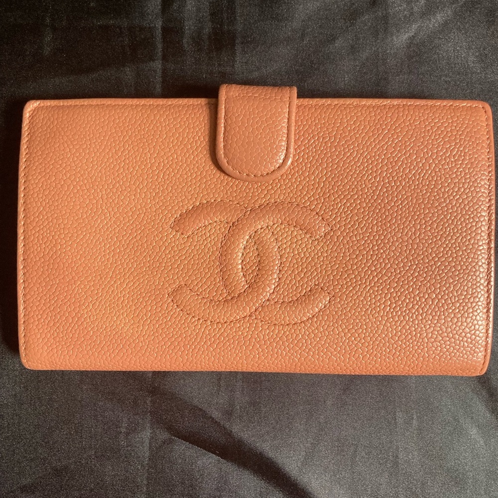 Chanel Long CoCo Mark Beige Caviar Leather Wallet: COA Included.